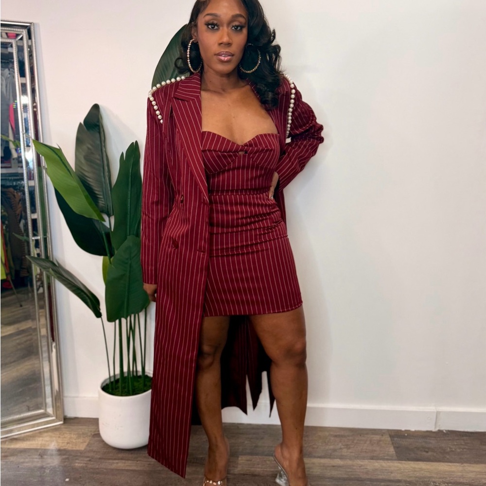 3 PIECE BURGUNDY PINSTRIPE SKIRT SET